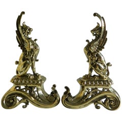 Pair of Brass Chenets or Andirons, Sphinx Motif, 19th Century