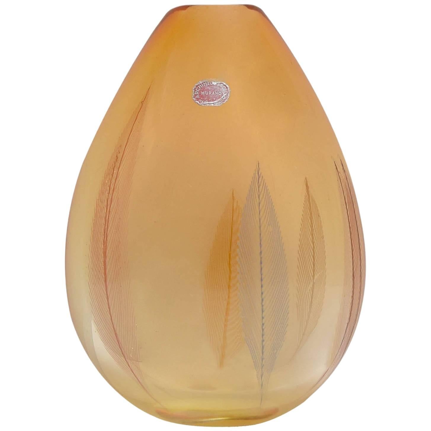Archimede Seguso Orange Transparent "a Piume" Murano Glass Italian Vase, 1950s  For Sale