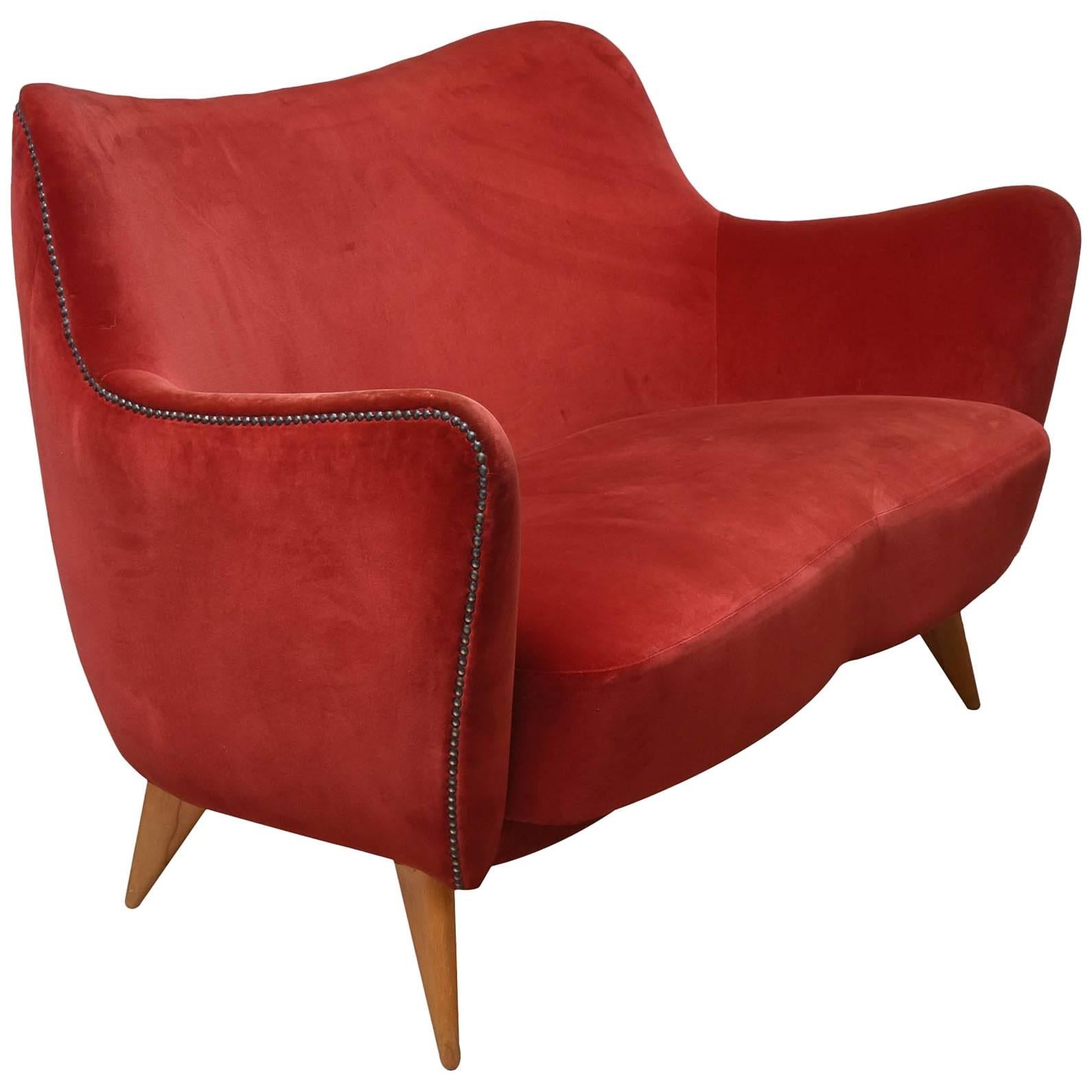 1950s I.S.A. Guglielmo Veronesi "Perla" Red Velvet Sofa