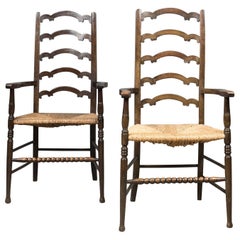 Antique Pair of Wavy Line Ladderback Elbow Chairs, Edwardian Dining, circa 1910