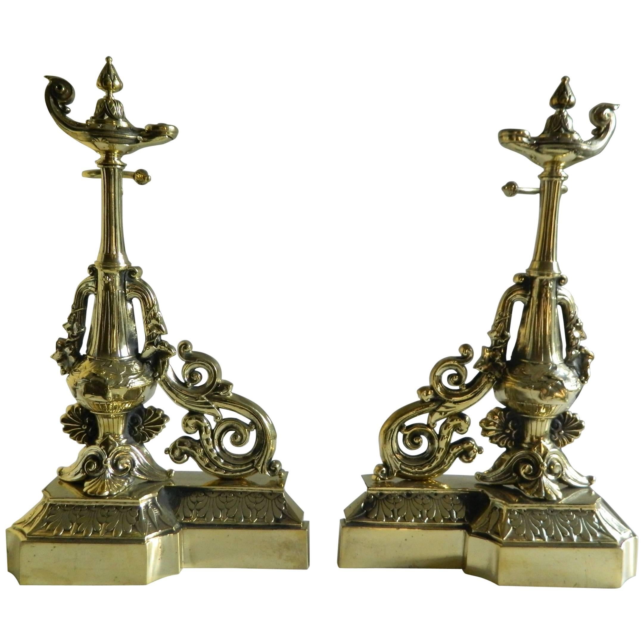 Pair of Brass Chenets or Andirons, Magical or Oil Lamp Motif, 19th Century