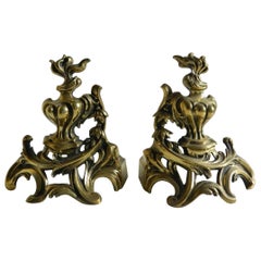 Antique Pair of Brass Small Chenets or Andirons with Flame Finials, 19th Century