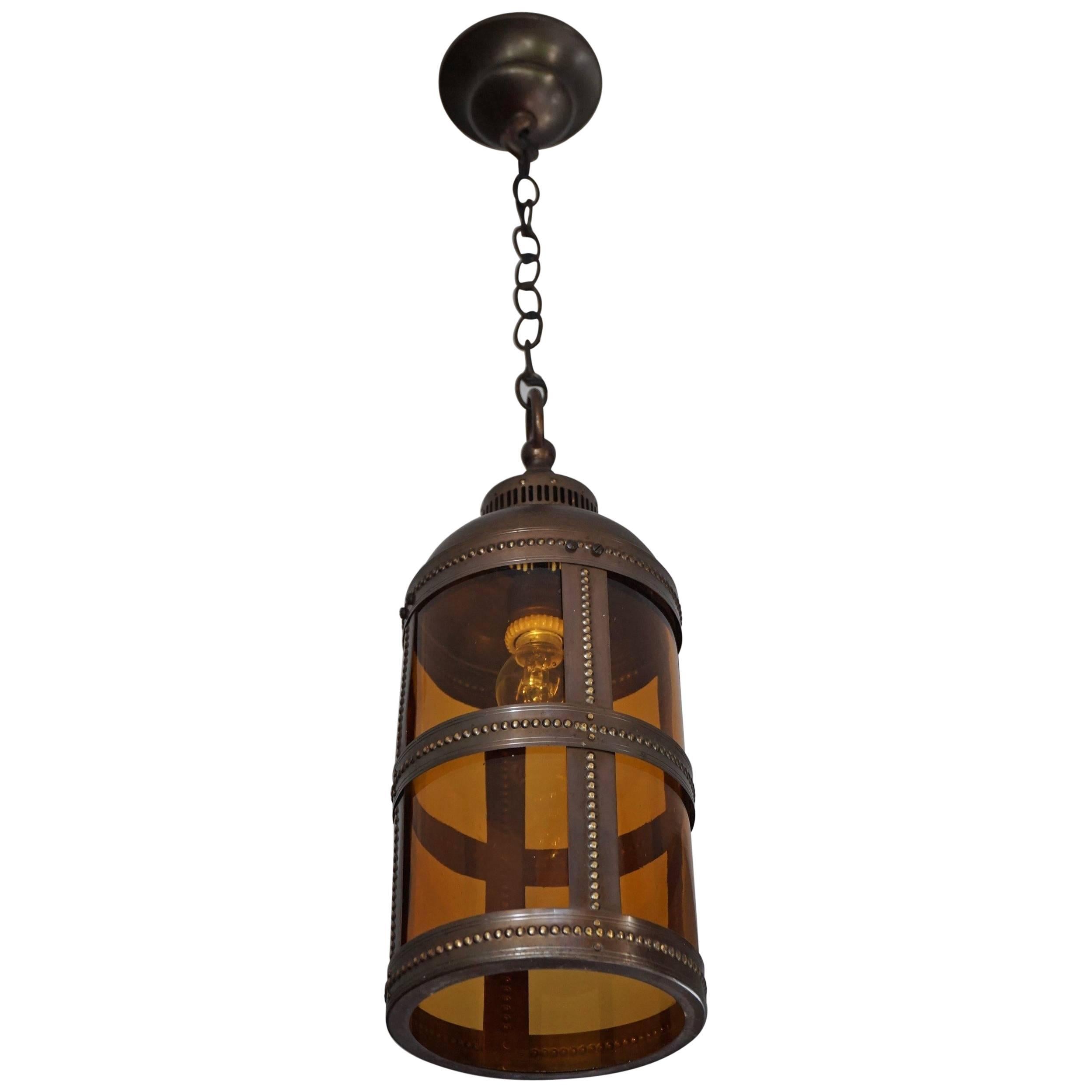 Arts and Crafts Brass & Amber Glass Pendant Light Jan Eisenloeffel Style Lantern