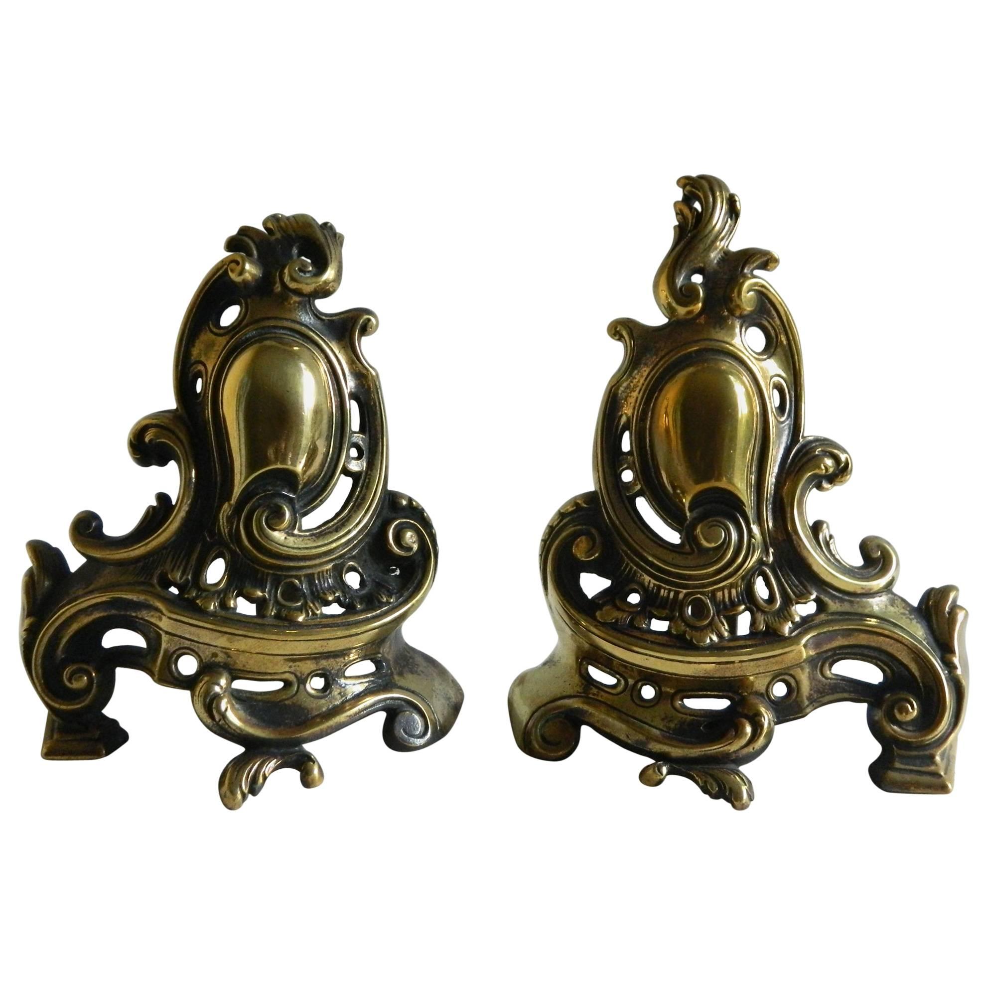 Pair of Brass Small Chenets or Andirons with Shield and Scrolls, 19th Century For Sale