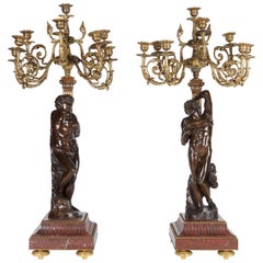 Antique Ferdinand Barbedienne, a Large Pair of French Gilt Patinated Bronze Candelabras