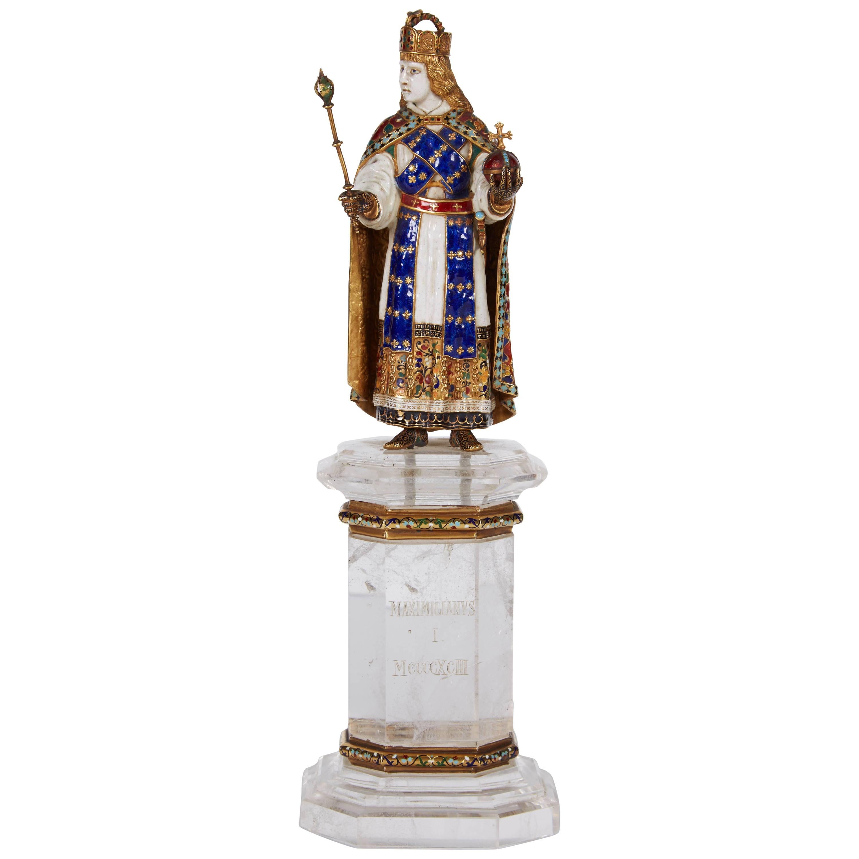 Enamel Gold and Rock Crystal Figure of Emperor Maximilian I by Reinhold Vasters For Sale