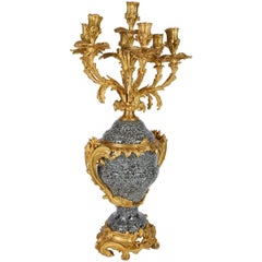 Large French Ormolu Bronze-Mounted Granite Candelabra Vase Lamp, 19th Century