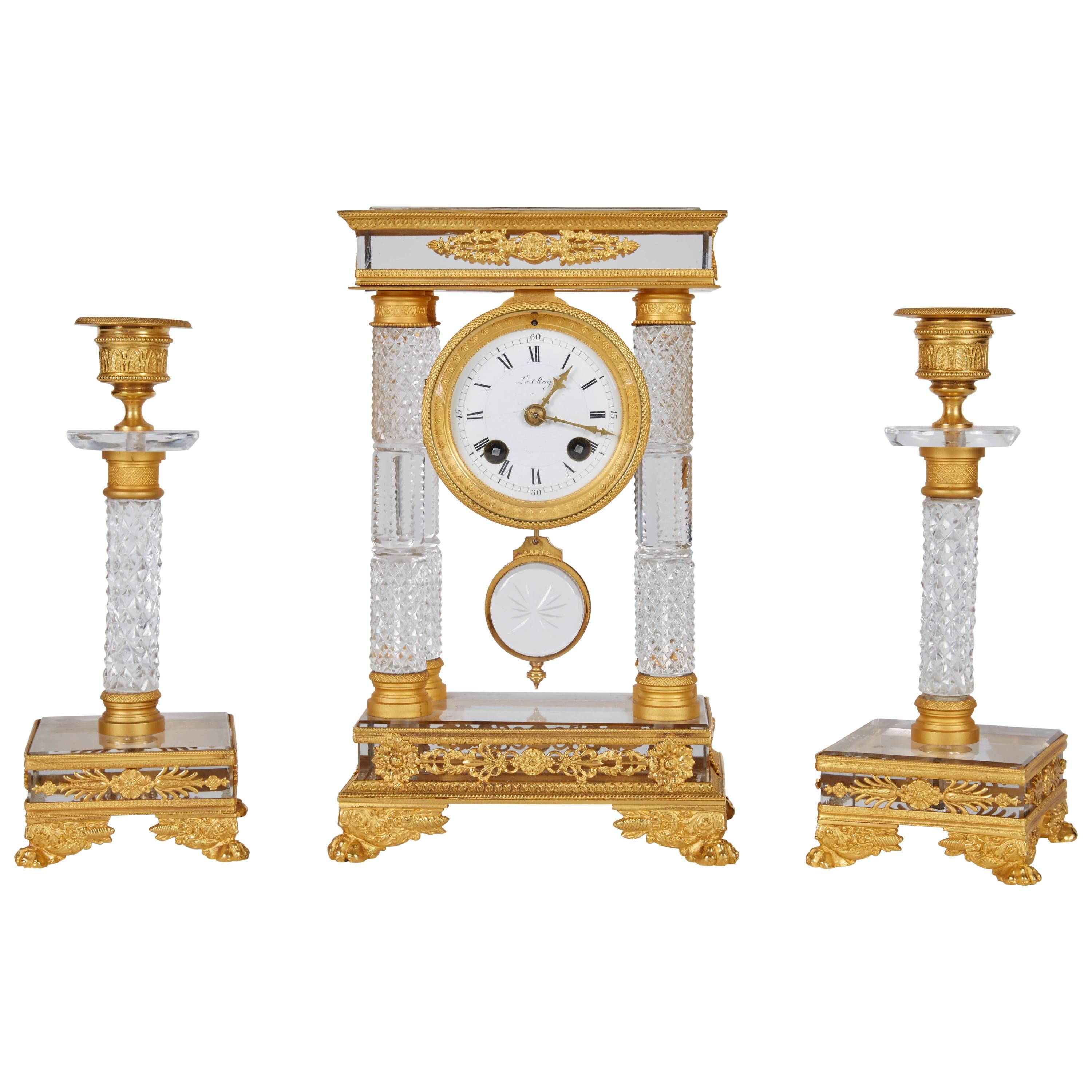 French Gilt Bronze and Crystal Glass Clock Set Garniture with Candlesticks