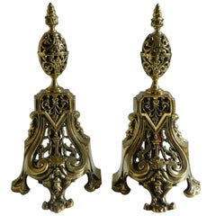 Antique Pair of Polished Brass Chenet or Andirons, Egg Shape Finial Motif, 19th Century