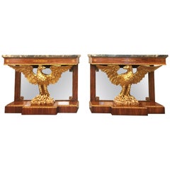 Pair of Regency Style Brass Inlaid Rosewood Parcel-Gilt and Marble Consoles