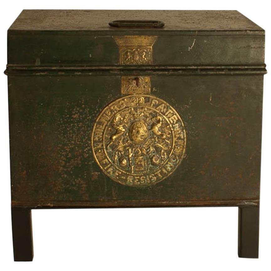English Victorian Metal Fire Safe in Bottle Green circa 1860 with Key