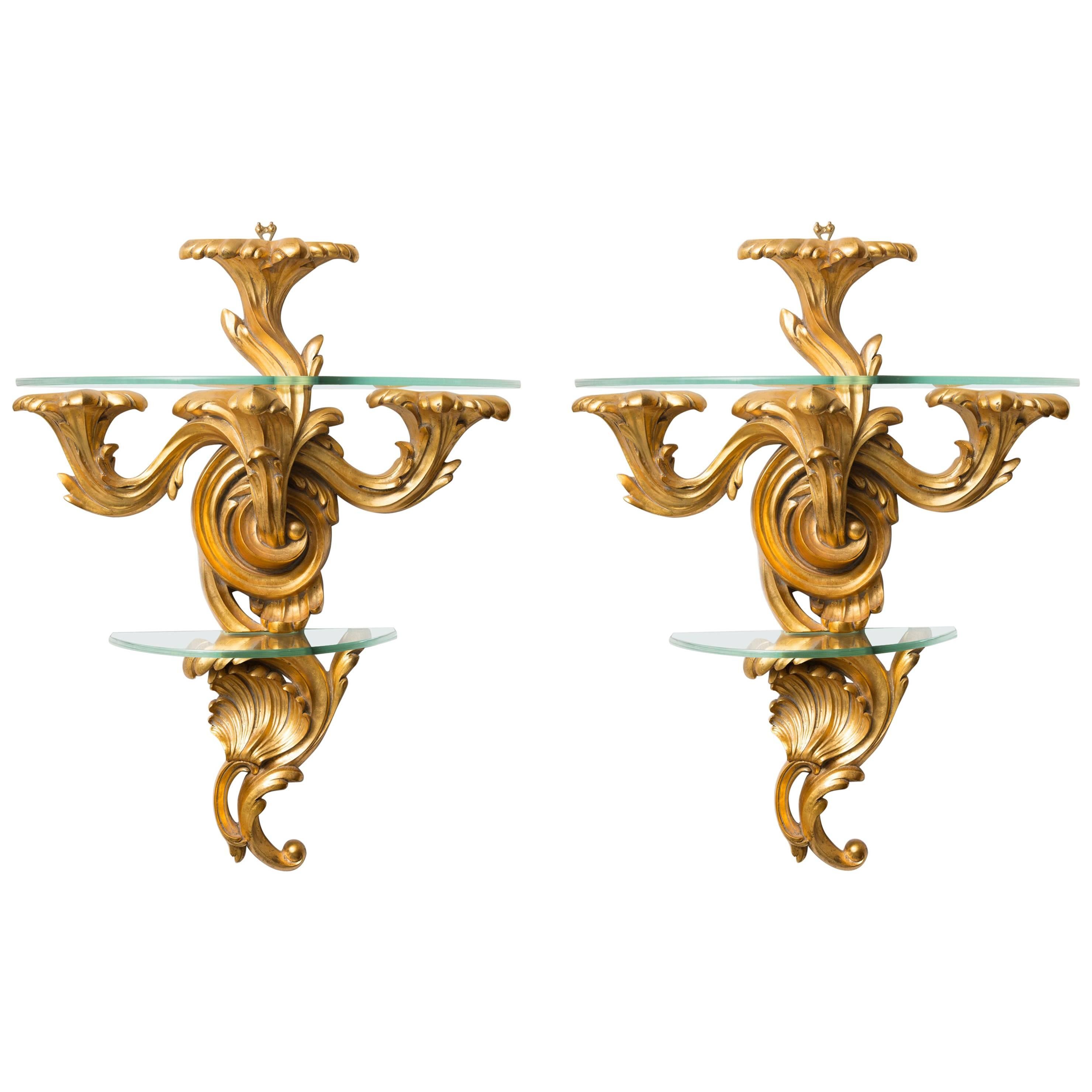 Pair of Gilt Rococo Style Brackets with Glass Shelves