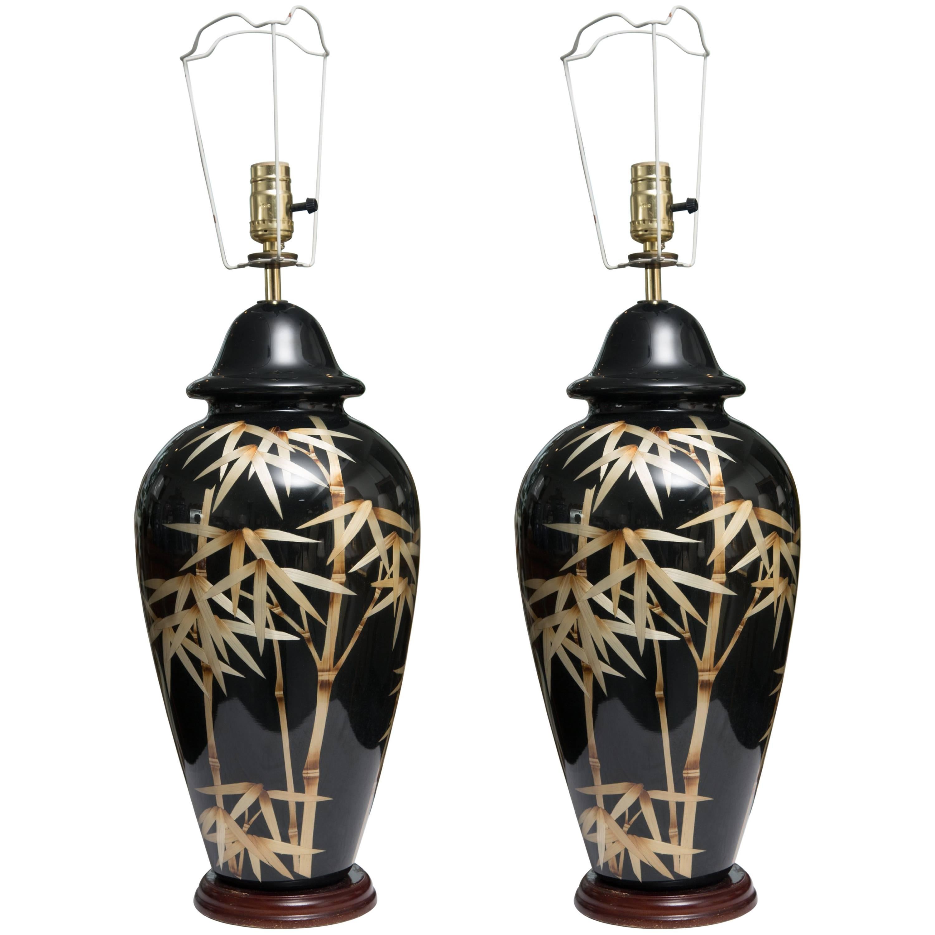 Pair of Vintage Black Glass Lamps with Bamboo Design For Sale