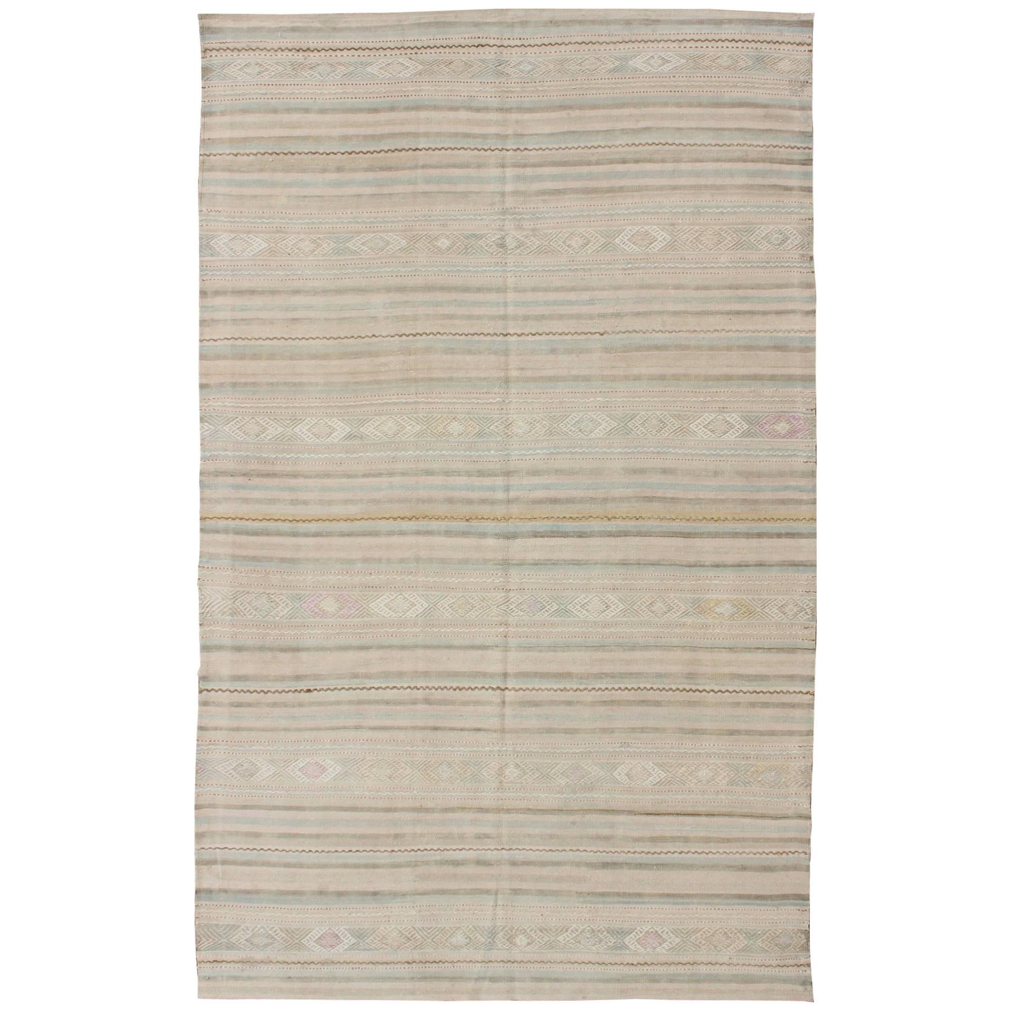 Vintage Turkish Kilim Rug with Neutral Horizontal Stripes and Geometric Designs For Sale