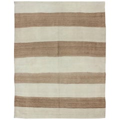 Vintage Turkish Kilim Rug in Cream with Horizontal Taupe / Light Brown Stripes