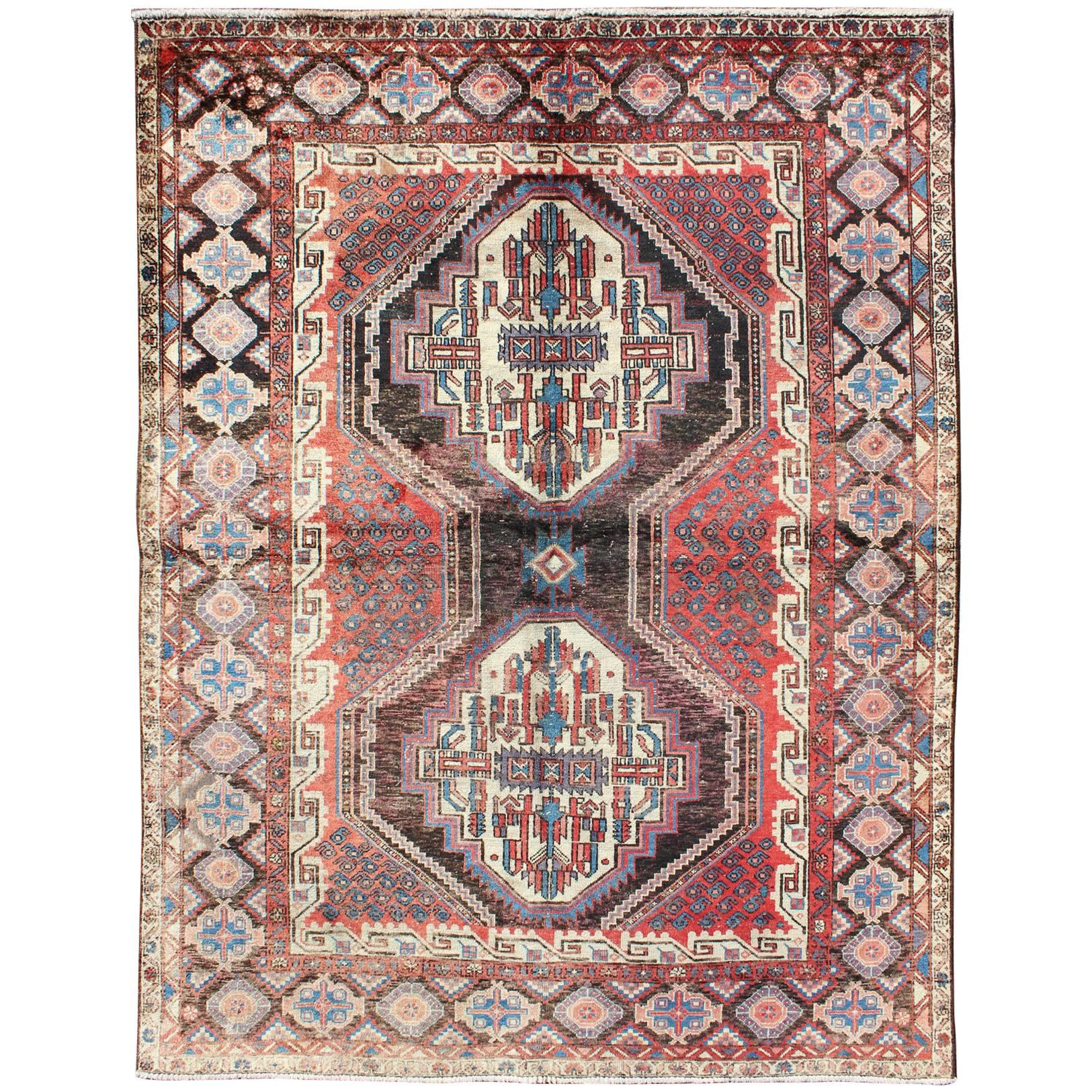Dual Medallion Vintage Persian Seejan Rug in Red, Charcoal, Blue, and Brown
