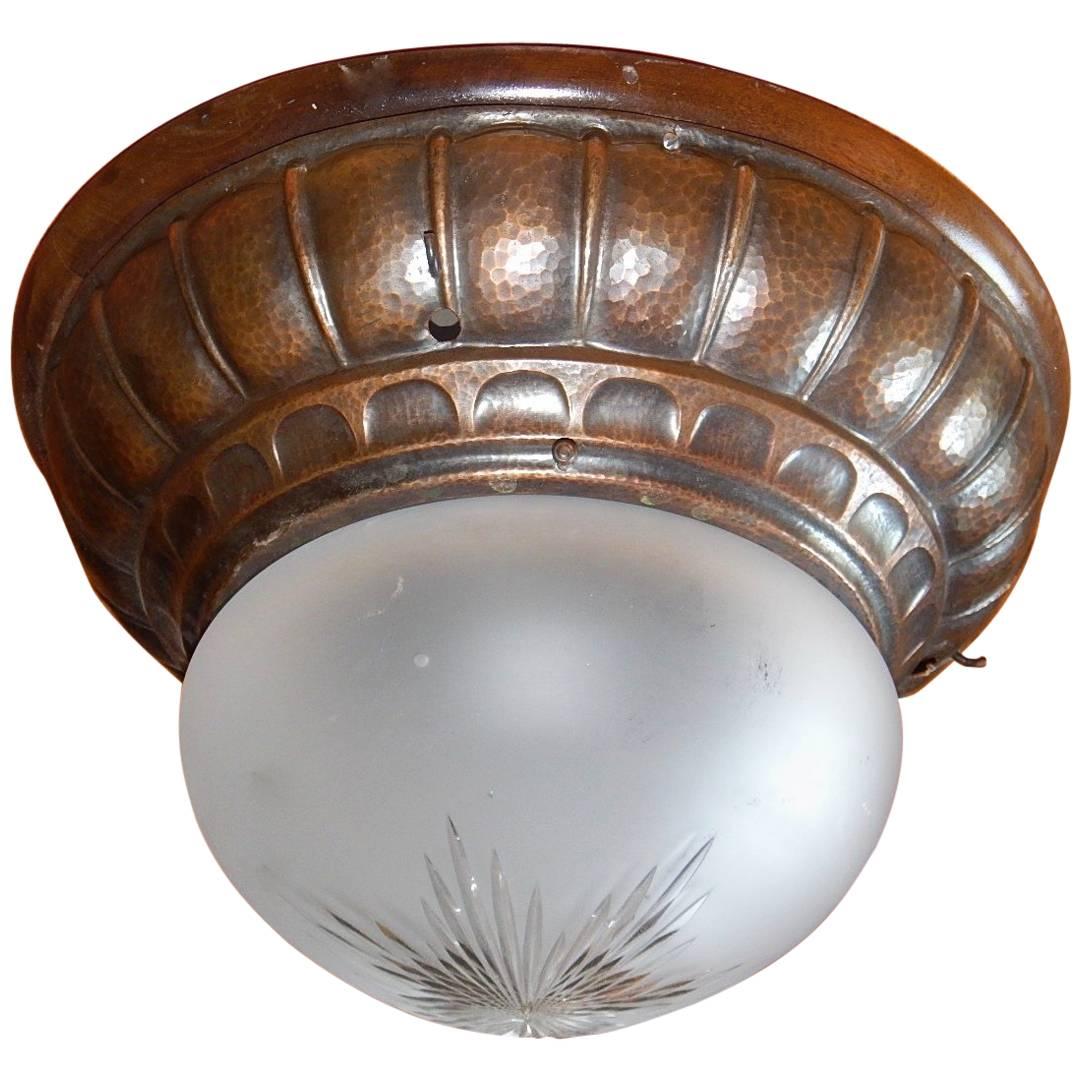 Swedish Arts & Crafts Flush Mount Fixture in Hand Hammered Copper, 1910 For Sale