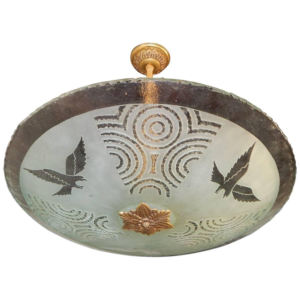 Swedish Art Deco Etched Glass Lighting Fixture with Eagle Motif, circa 1930 For Sale