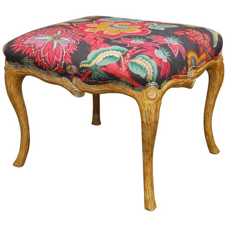 Midcentury Faux Bois Ottoman Stool with Schumacher Print at 1stDibs