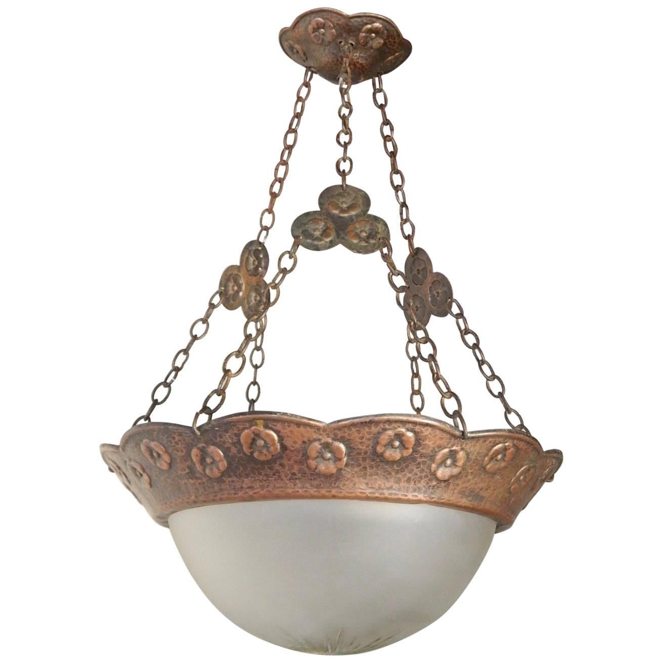 Swedish Arts & Crafts Hammered Copper Hanging Light Fixture, circa 1910 For Sale