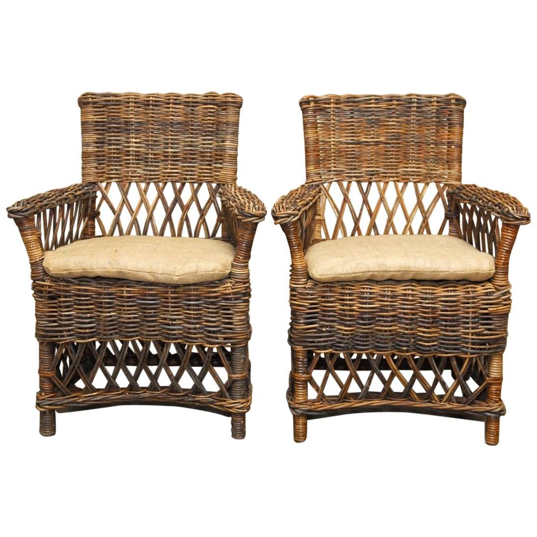 Pair of Organic Style Woven Stick Wicker Armchairs