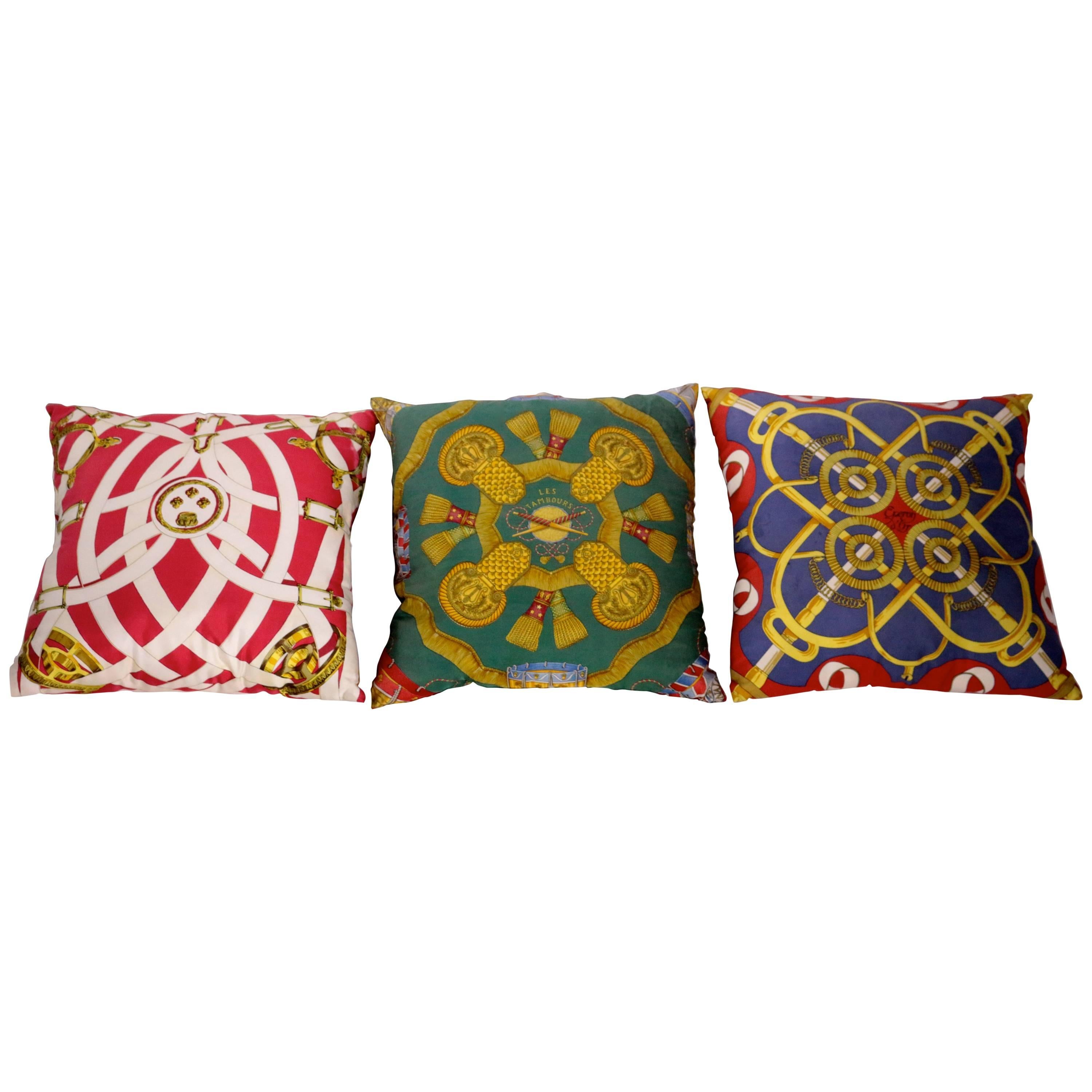 Set of Three Authentic Hermes Two Side Silk Cushion Pillows