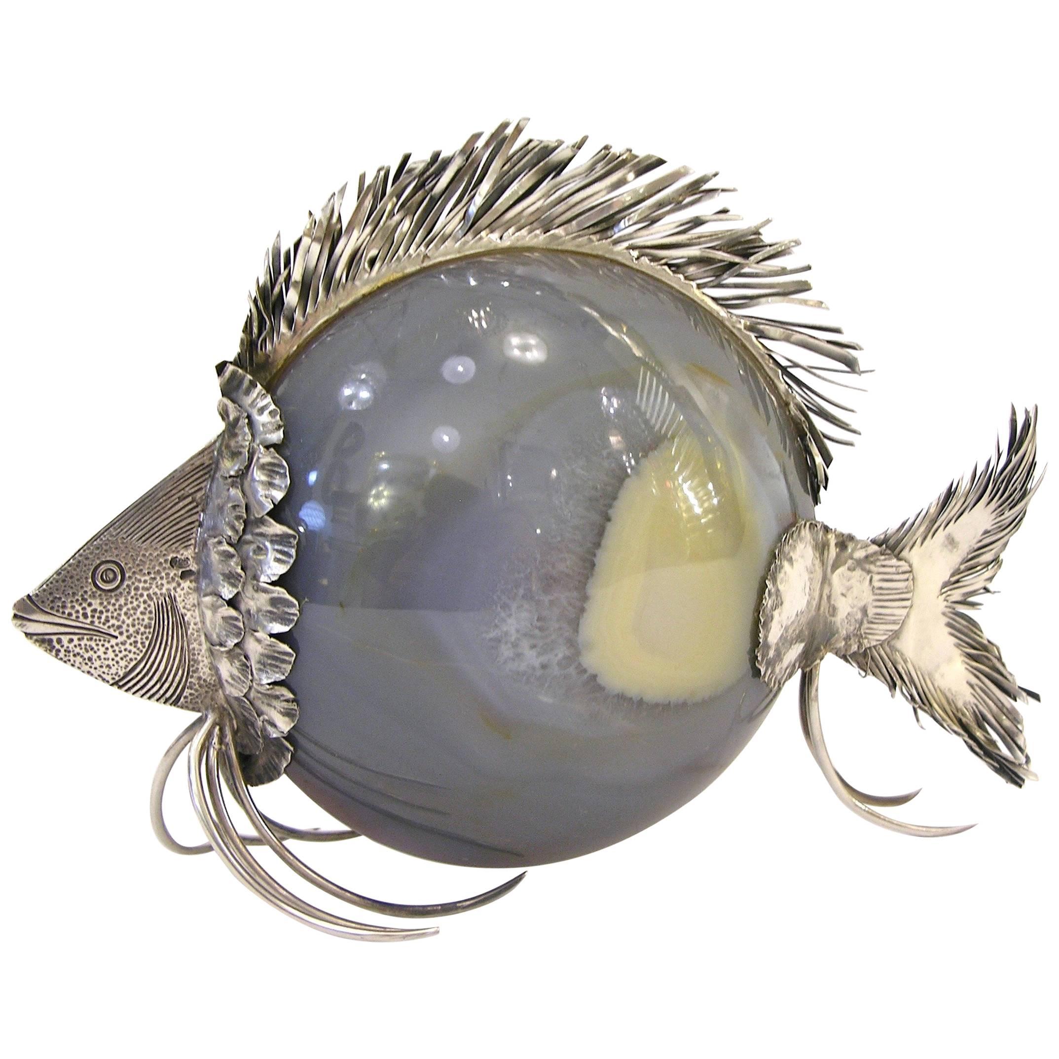 Italian 1970s Gray Agate and Silver Curiosity Objet d'Art in the Shape of a Fish