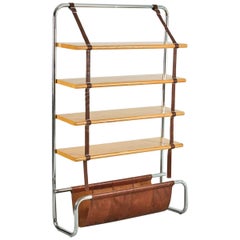 Large Leather and Oak Wall Shelf by Luigi Massoni