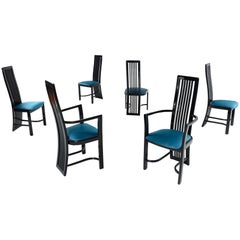 Asian Modern Black Lacquer High Back Dining Chairs Made in Spain, 1980s