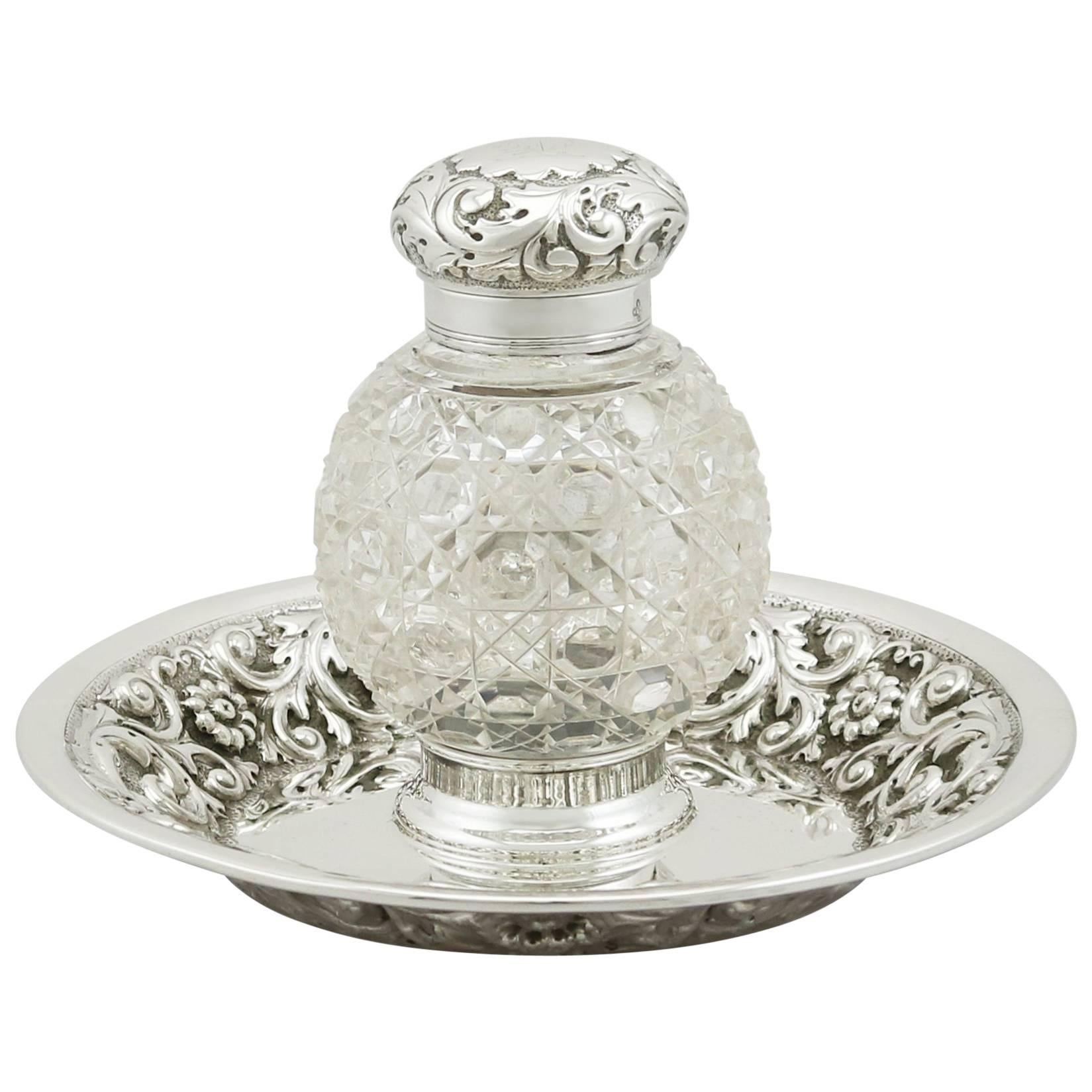 Antique Victorian 1890s Cut Glass and Sterling Silver Ink Bottle and Stand