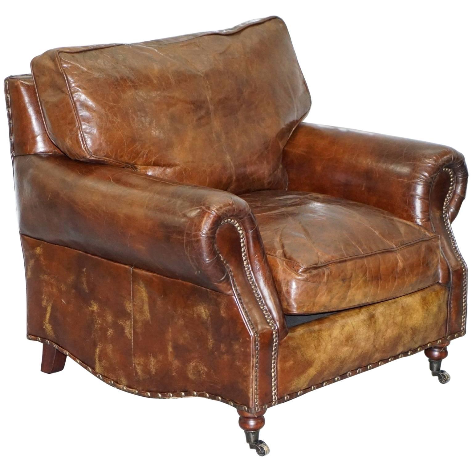 Timothy Oulton Balmoral Heritage Brown Leather Club Armchair Feather Cushions