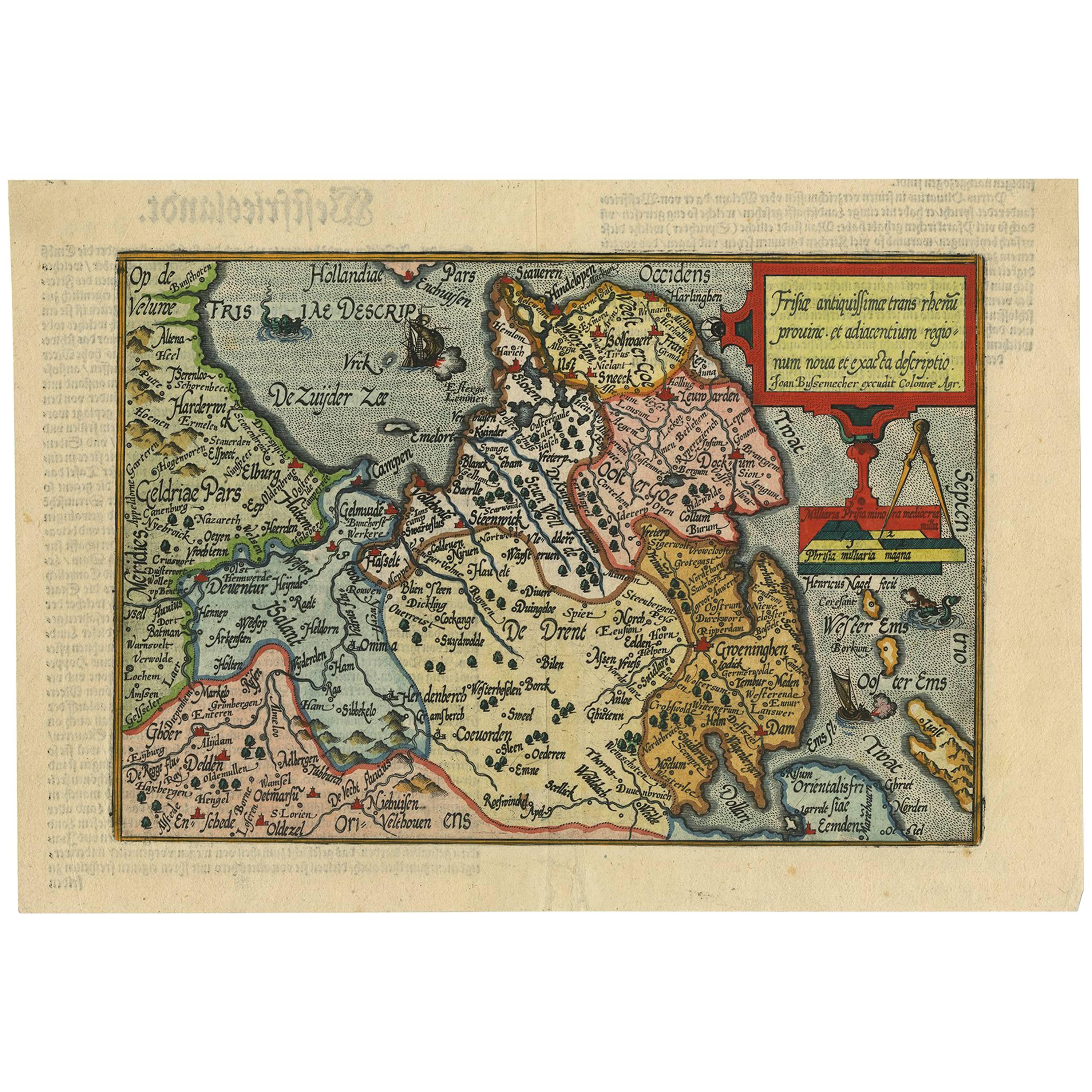 Antique Map of Friesland 'The Netherlands' by J. Bussemacher, 1596