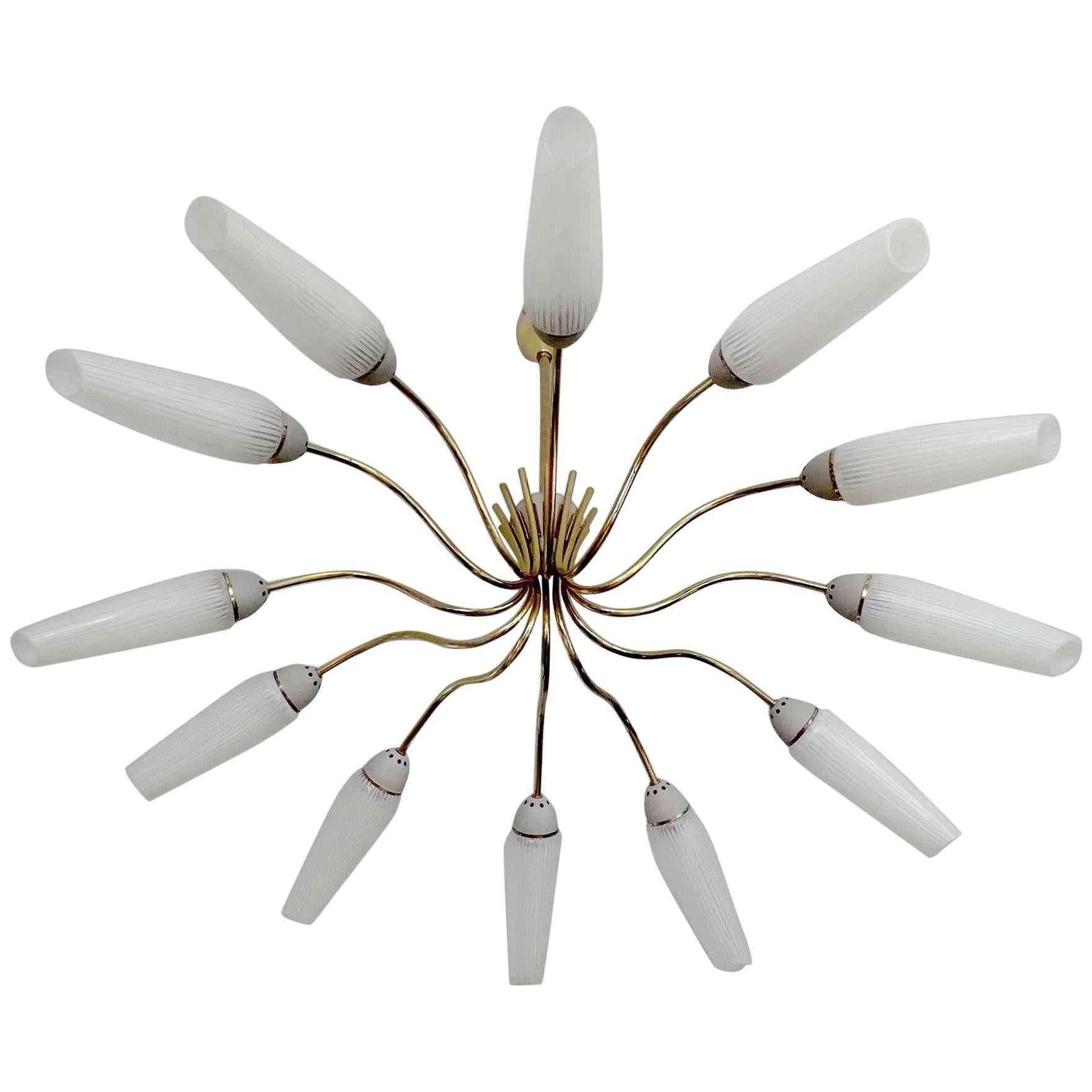 Large 12 Light Brass Glass Sputnik Chandelier,  Stilnovo Gio Ponti Era  For Sale