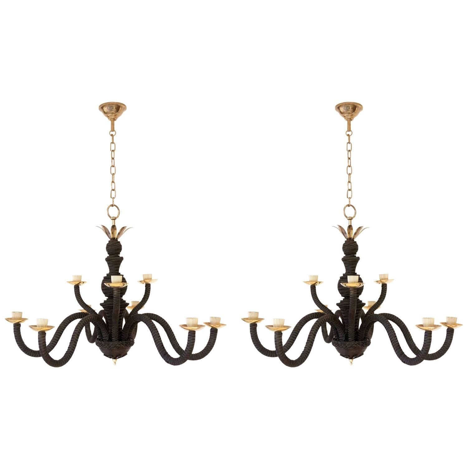 1960 Pair of Chandeliers in Black Trimmings Maison Honoré