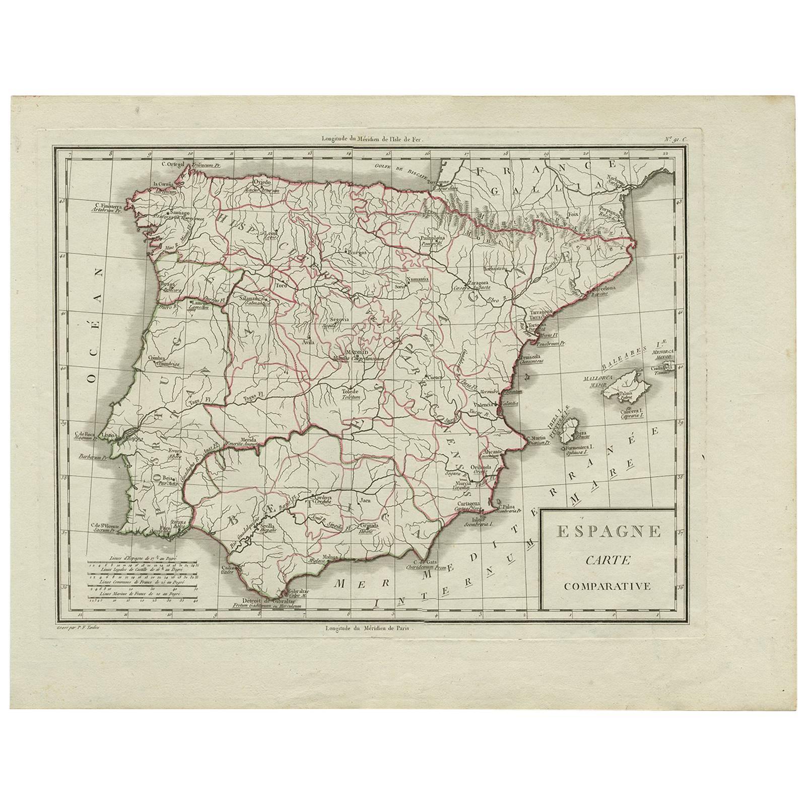 Antique Map of Spain by P.F. Tardieu, circa 1798 For Sale