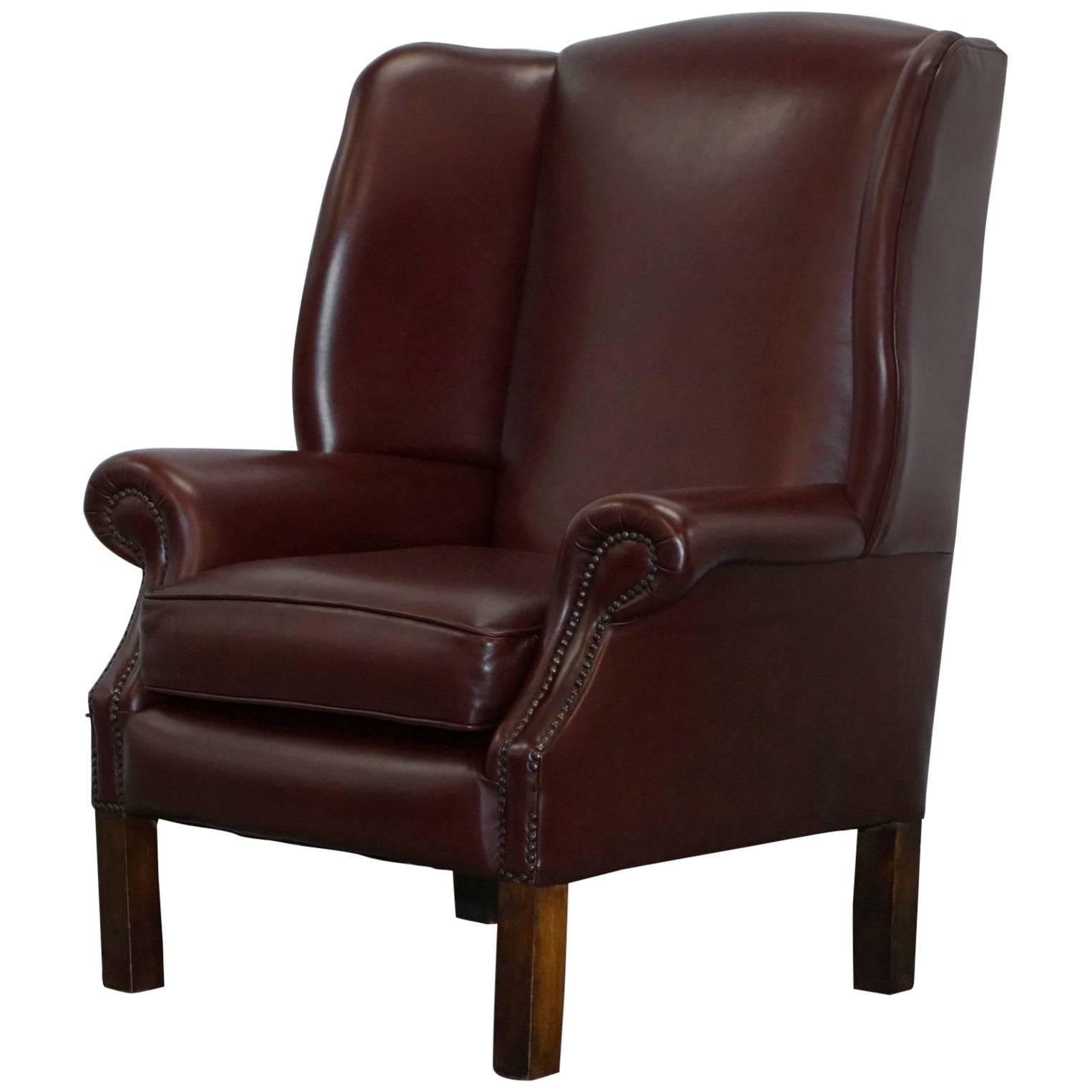 Lovely Aged Oxblood Brown / Red Height Straight Wingback Chesterfield Armchair