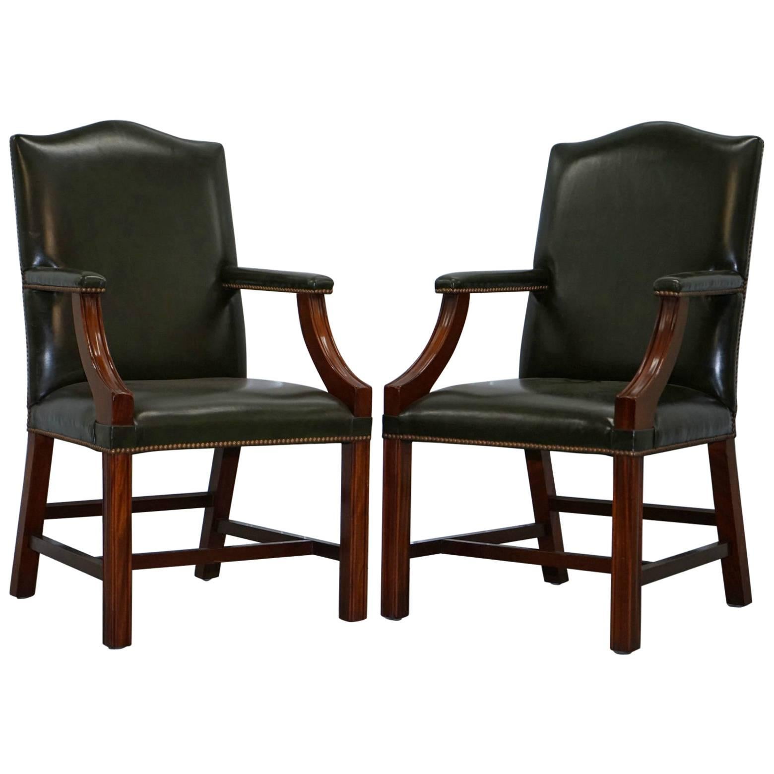 Pair of Frank Hudson & Son Ltd Chesterfield Aged Green Leather Carver Armchairs