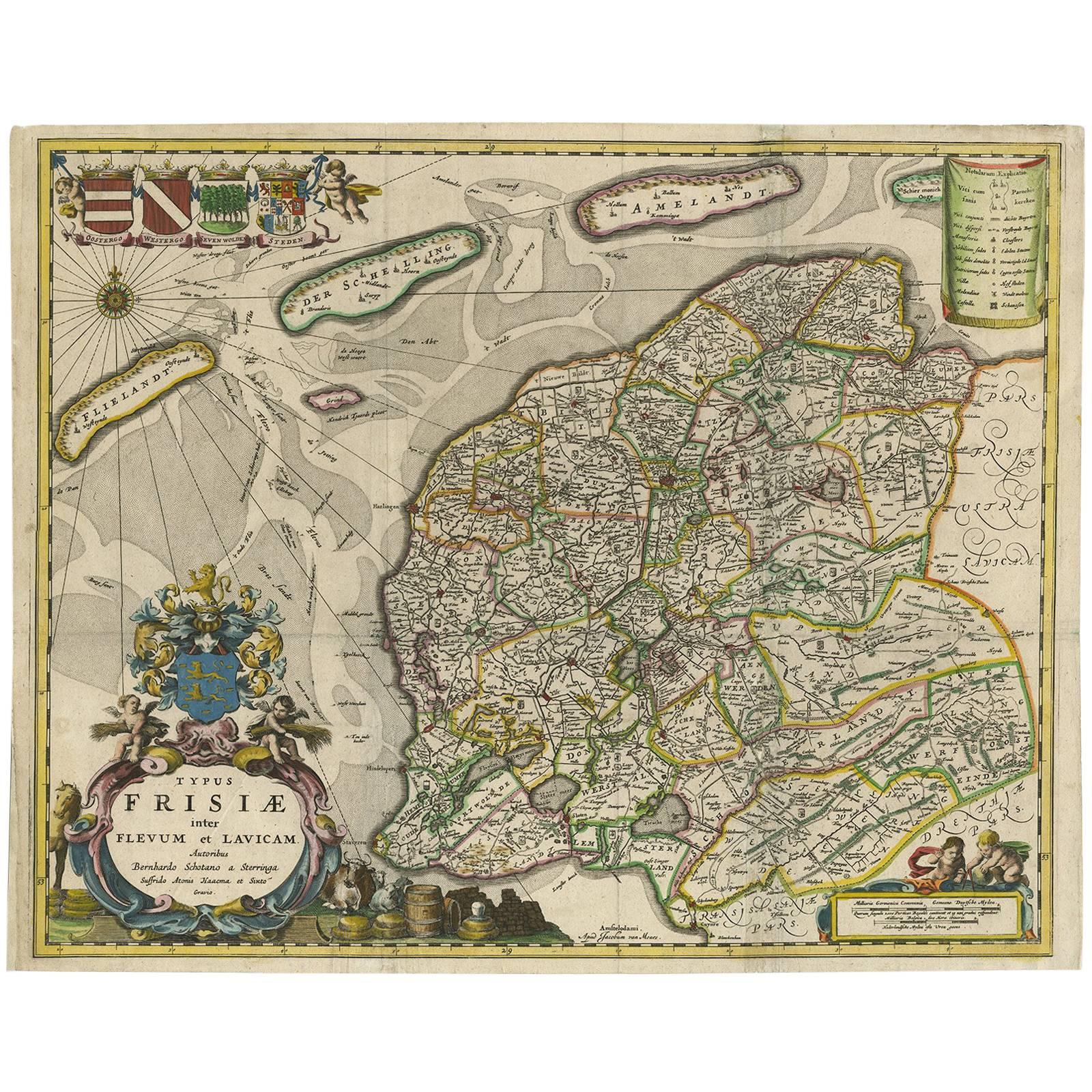 Antique Map of Friesland 'The Netherlands' by B. Schotanus, 1664 For Sale