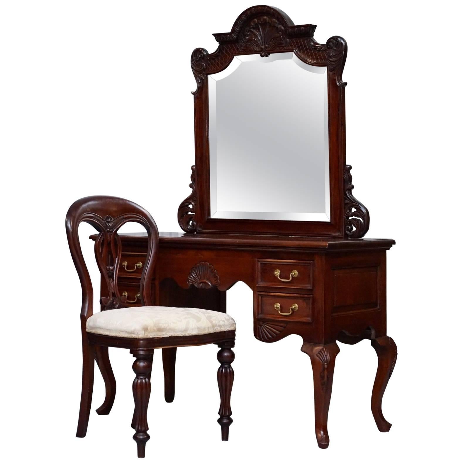 Lovely Solid Carved Mahogany French Louis Style Dressing Table Mirror and Chair