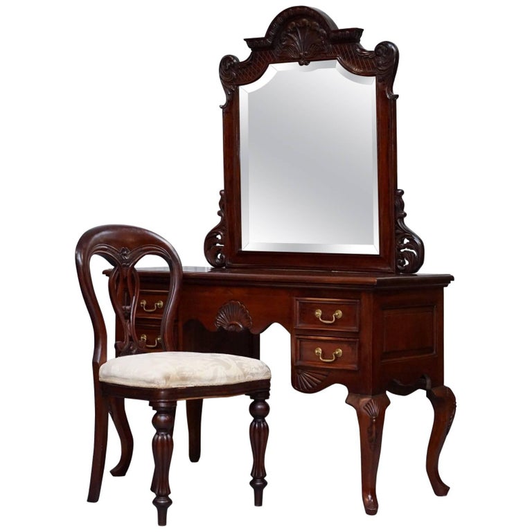 Lovely Solid Carved Mahogany French Louis Style Dressing Table Mirror and Chair at 1stDibs
