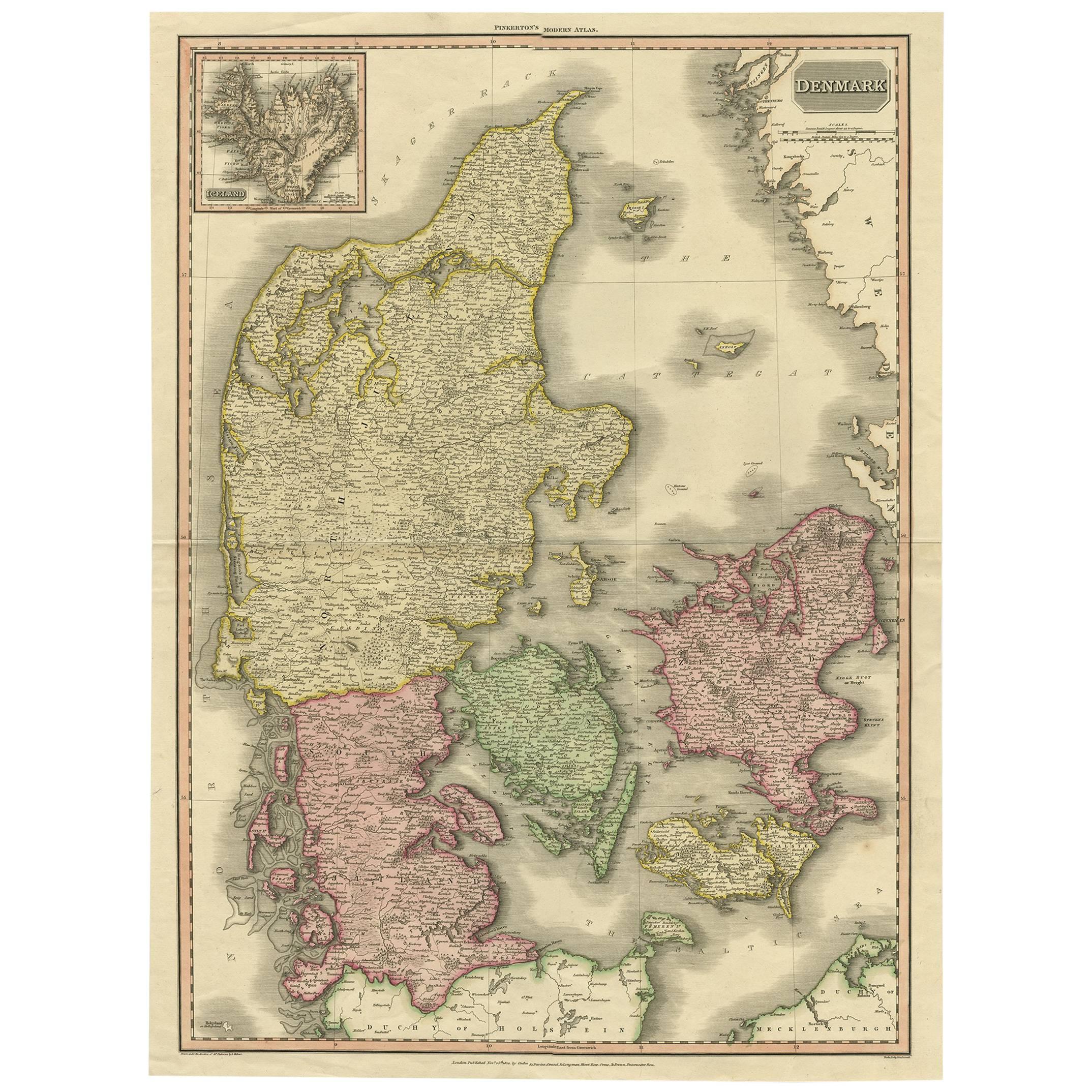 Grande carte ancienne originale du Danemark du 19e siècle par J. Pinkerton, 1812
