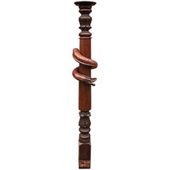 Mahogany Stair Rail Newel Post with Carved Dragon Head and Snake Sculpture