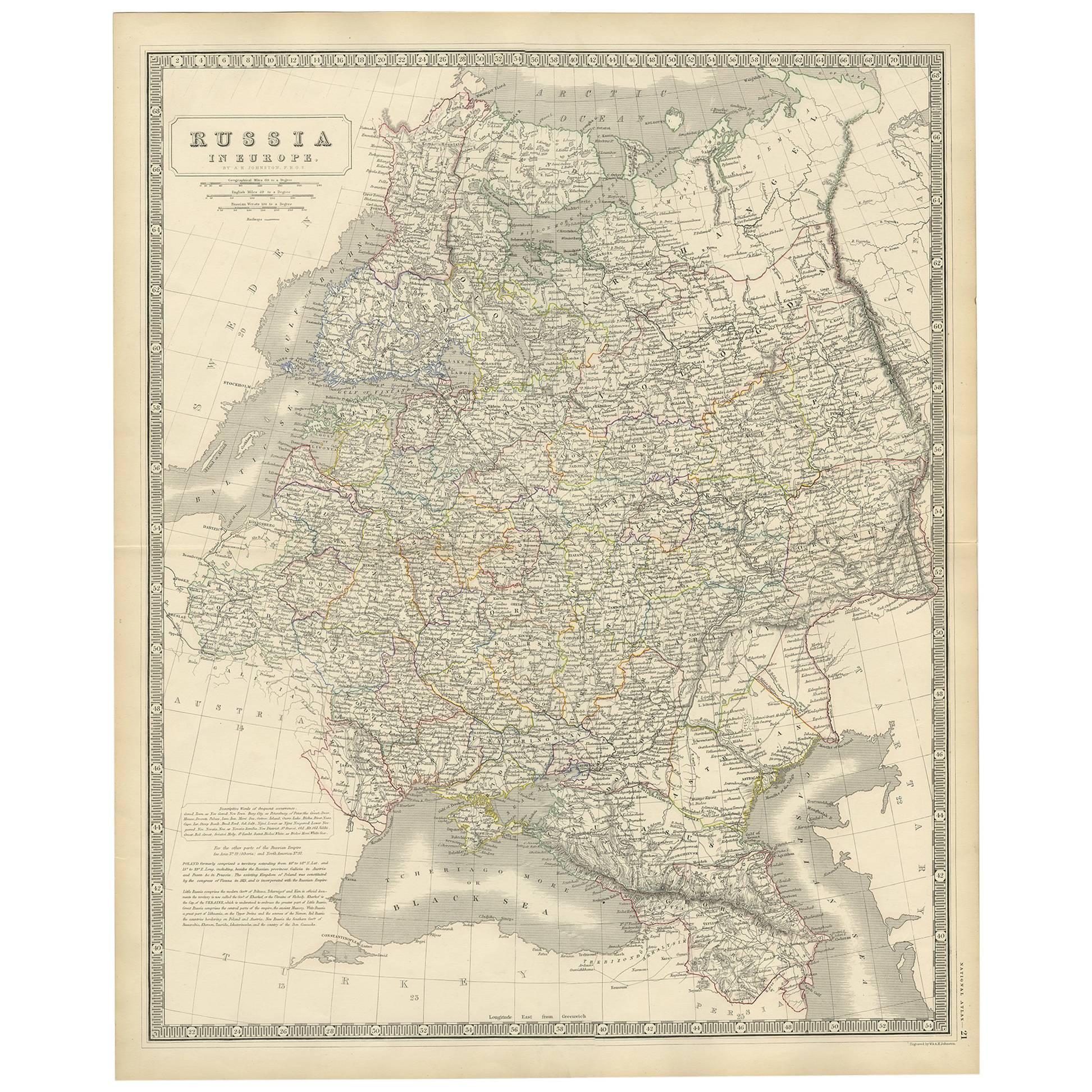 Antique Map of Russia 'in Europe' by W. & A.K. Johnston, circa 1850 For Sale