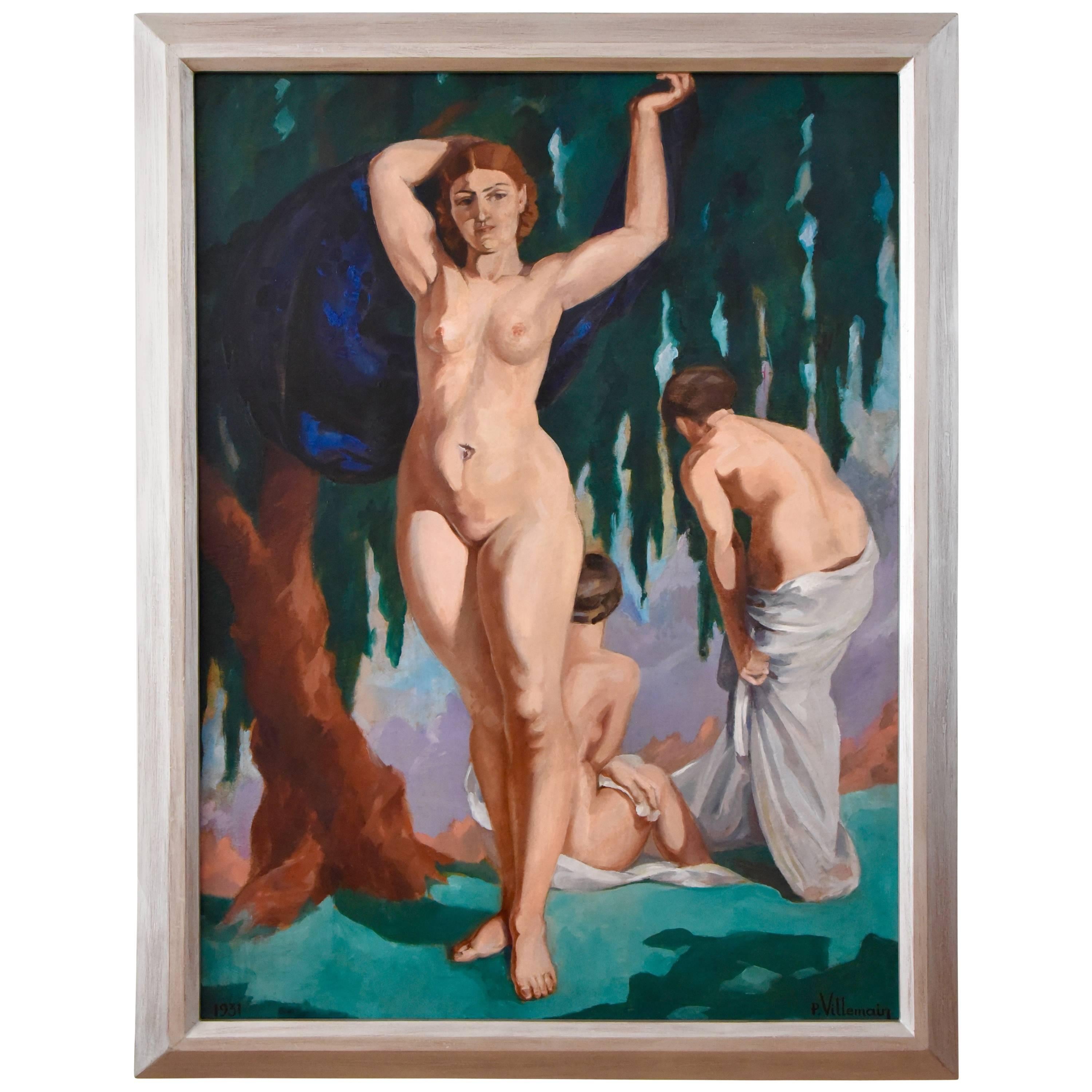 Art Deco Painting with Three Bathing Nudes by P. Villemain, 1931 France 