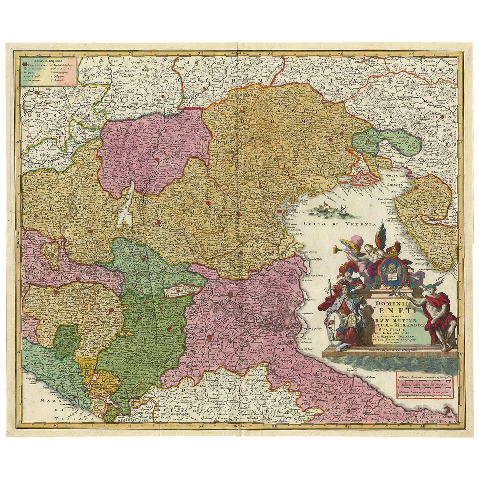 Stunning Antique Map of Northern Italy by J.B. Homann, circa 1745 For Sale