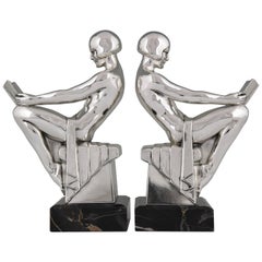 French Art Deco Silvered Bookends with Reading Nudes Max Le Verrier, 1930