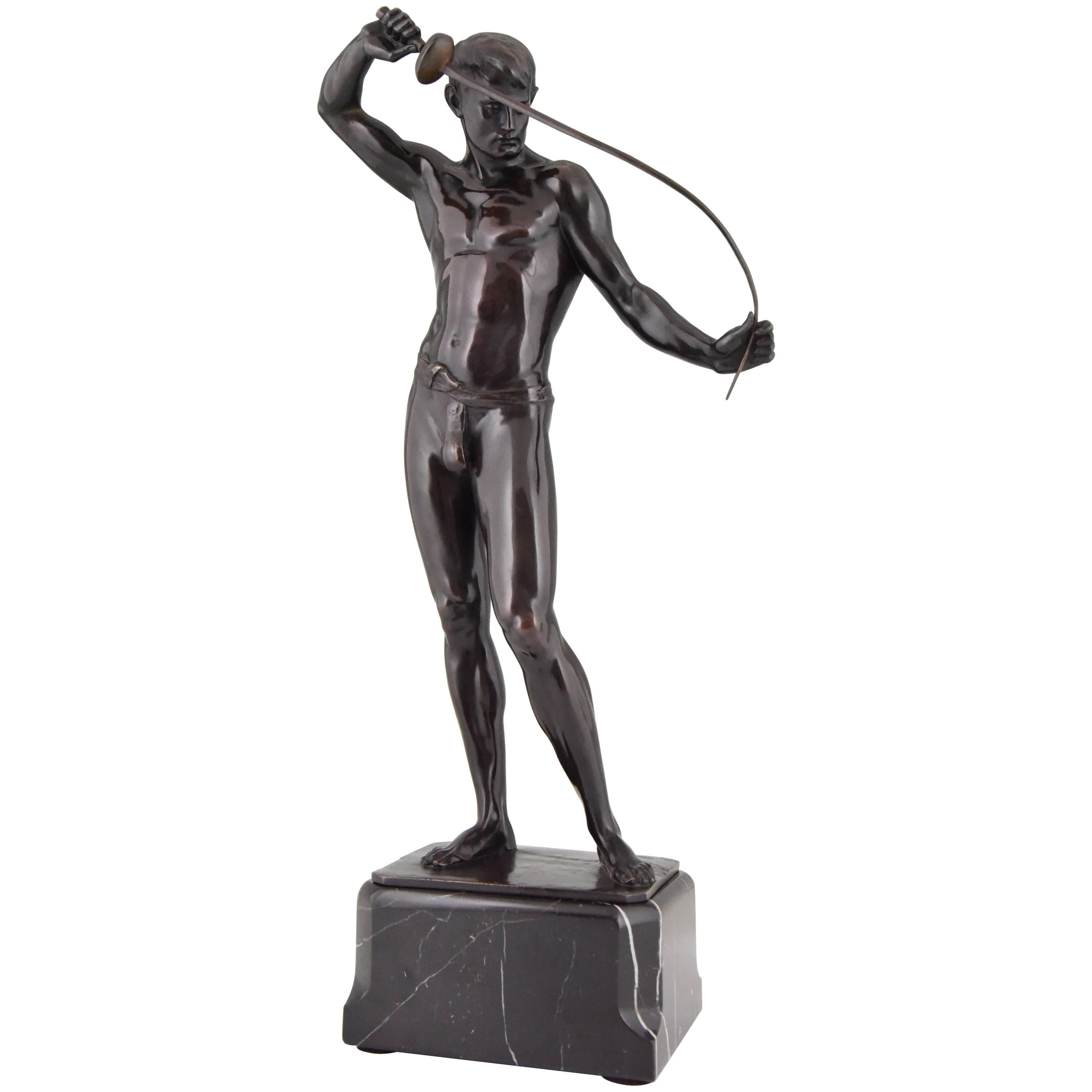 Antique Bronze Sculpture Male Nude Fencer Ludwig Eisenberger, 1900