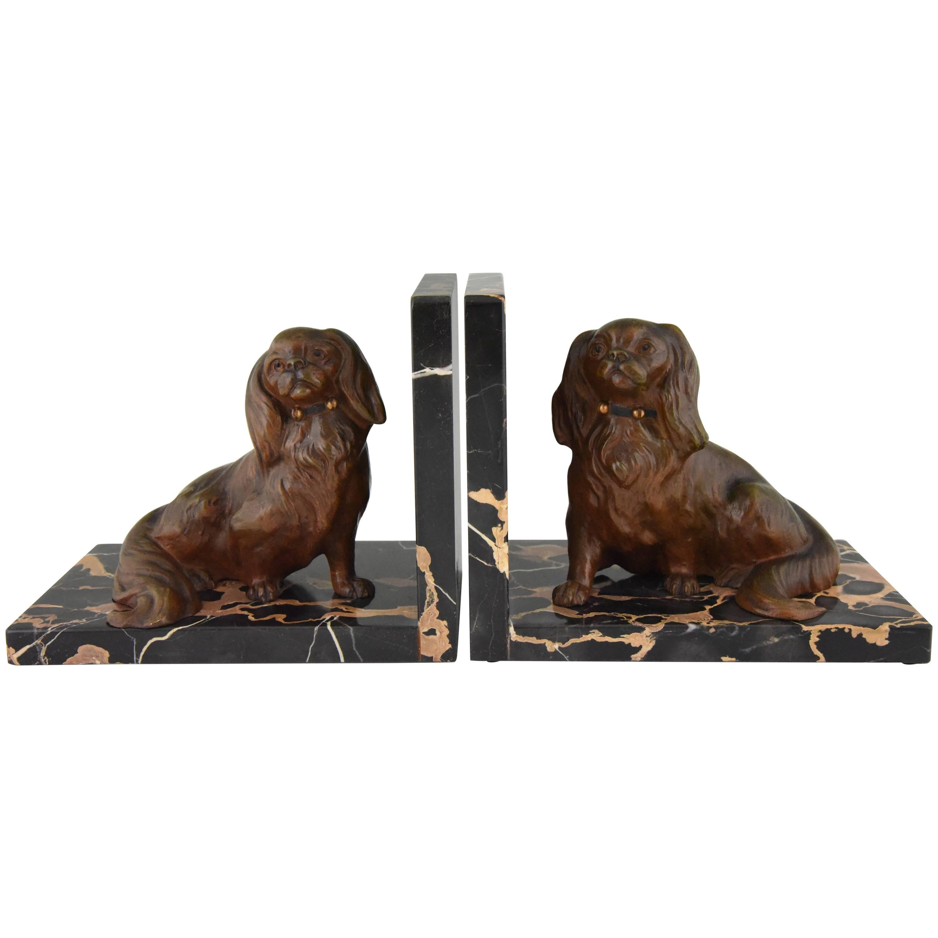 Art Deco Bronze Bookends King Charles Spaniel Dogs by Louis Albert Carvin, 1930