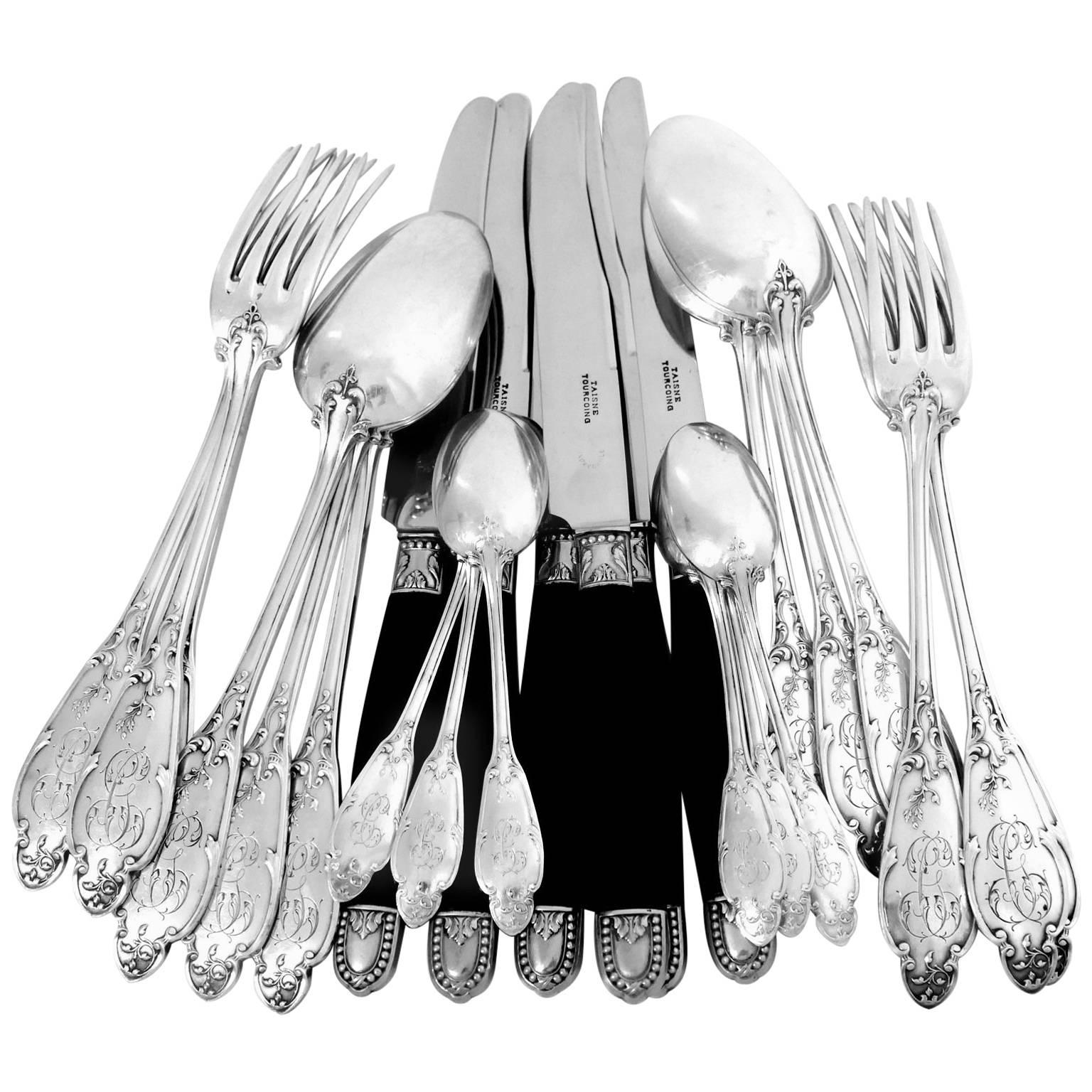 Henin Gorgeous French Sterling Silver Dinner Flatware Set 24 Pieces Flowers For Sale