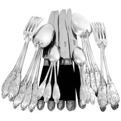 Henin Gorgeous French Sterling Silver Dinner Flatware Set 24 Pieces Flowers